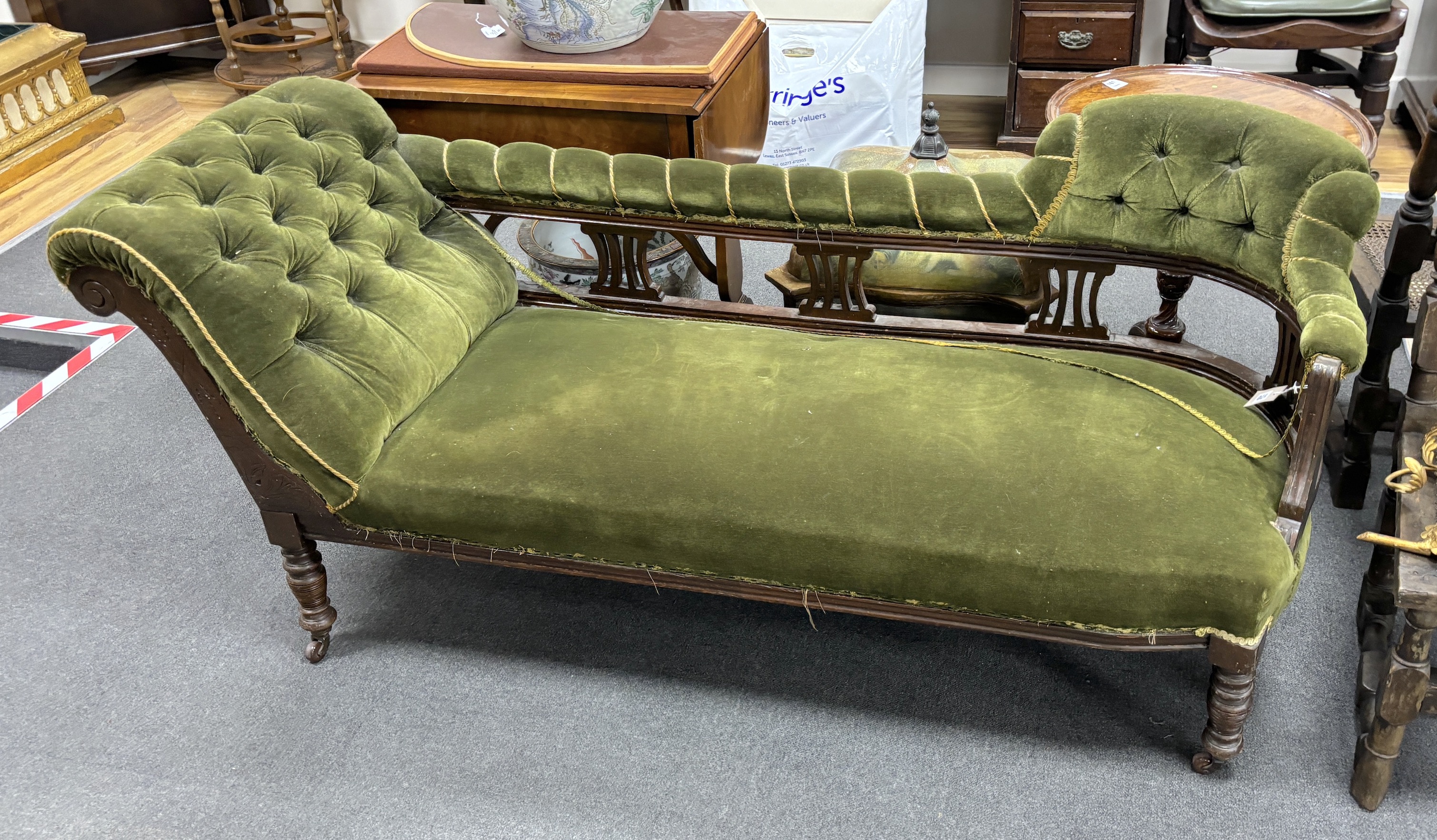 A Victorian mahogany chaise longue, width 176cm, depth 64cm, height 76cm